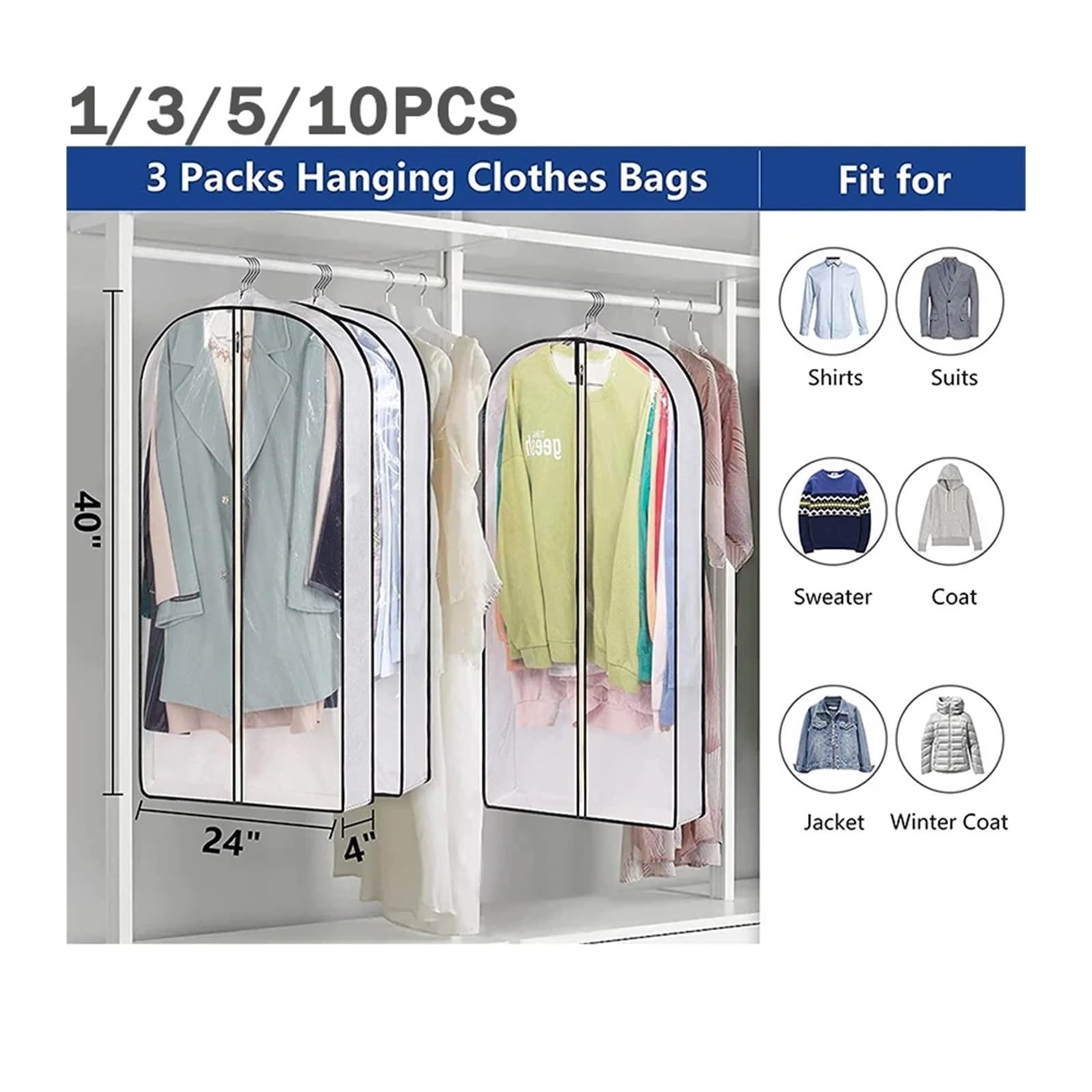 fundas para ropa Wrapped Washable Dust Cover Storage Clothes Hanging Bag Household Coat Transparent Waterproof Suit(M-3PCS)