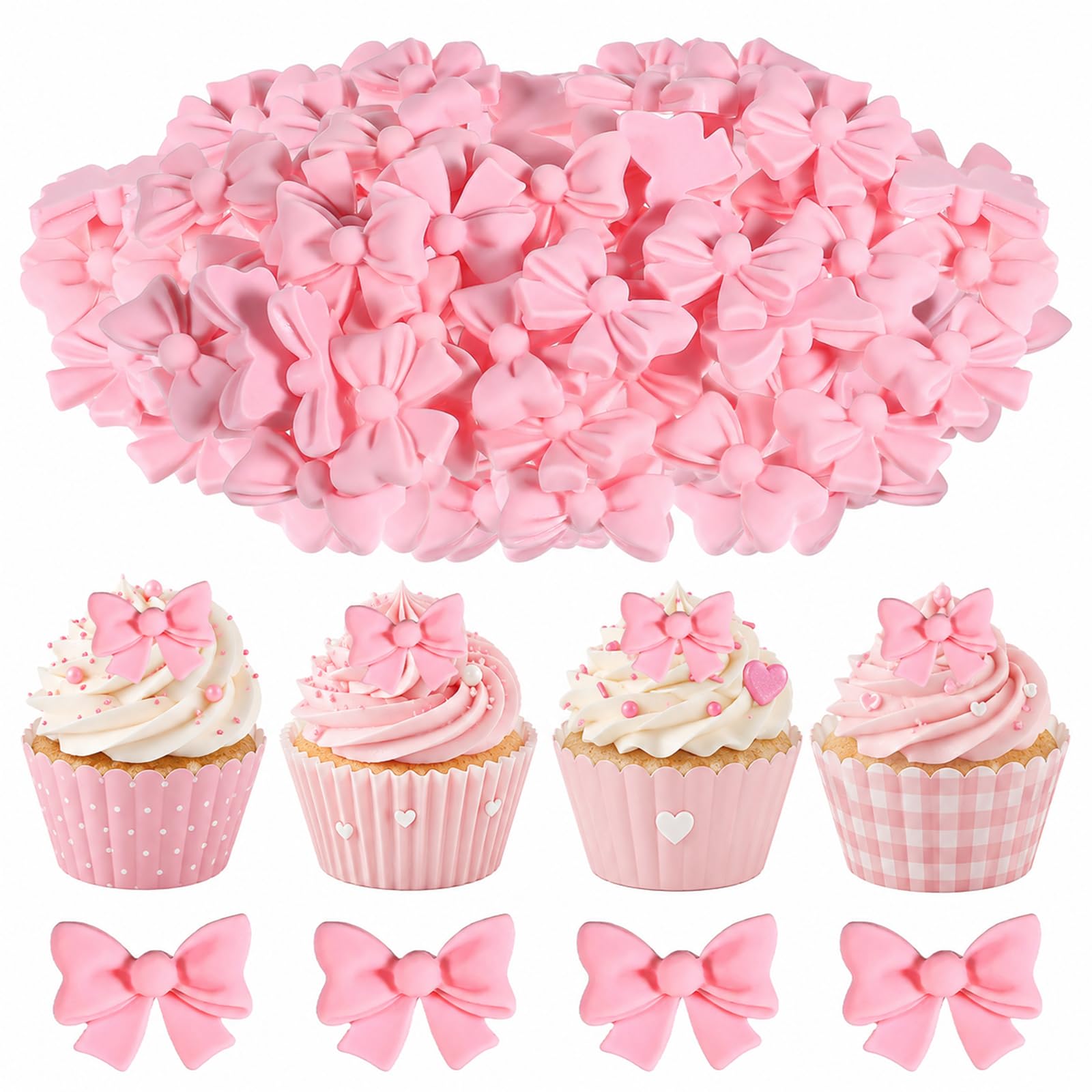 HJZHII 100Pcs Pink Bow Cupcake Toppers, Bowknot Cupcake Toppers Bowknot Birthday Cake Decorations for Theme Parties Bridal Engagement Wedding Baby Showers Birthday Party (Not Edible)