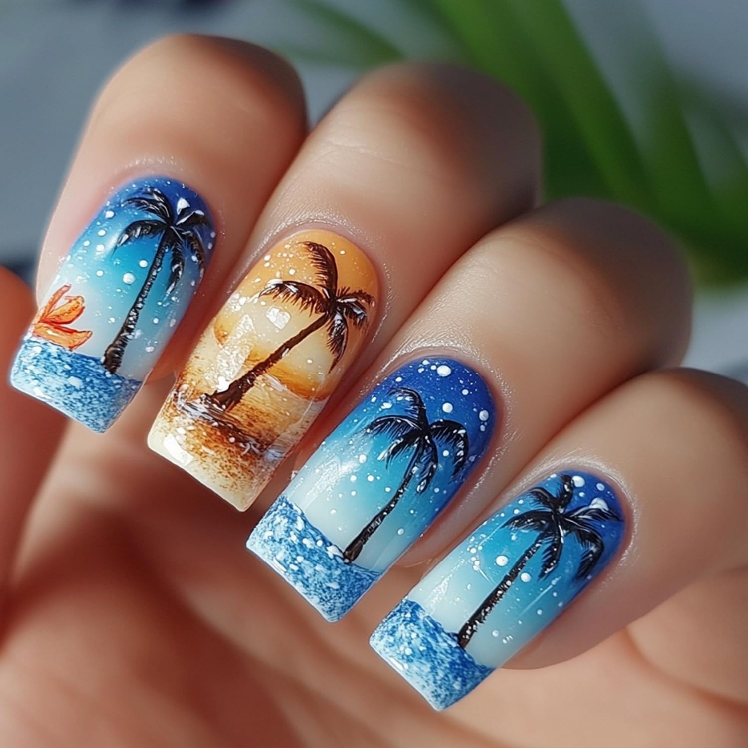Summer Press on Nails Medium Coffin Shaped Fake Nails Coconut Tree Sea Waves Designs Blue Gradient Beach False Nails Glossy Full Cover Acrylic Nails