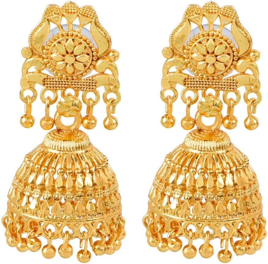 Efulgenz Gold Tone Indian Jewelry for Women Dubai Style Dangle Earrings Jhumka Jhumki Earring Set Indian Bridal Wedding Bollywood Fashion Jewelry