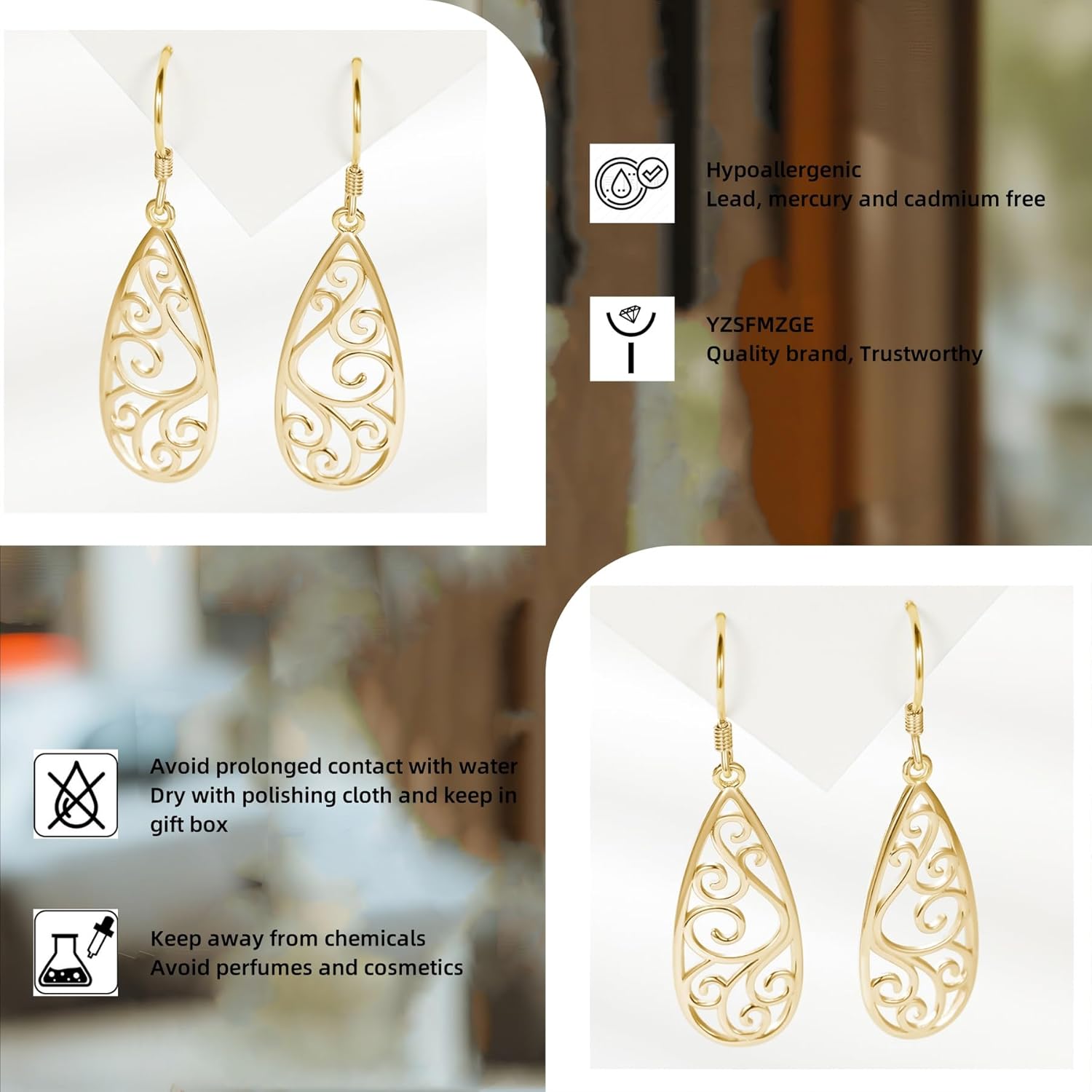 925 Sterling Silver Post Dangle Drop Earrings for Women 18K Gold Plated Filigree Teardrop Dangling Hook Earrings Jewelry for Birthday - Image 6