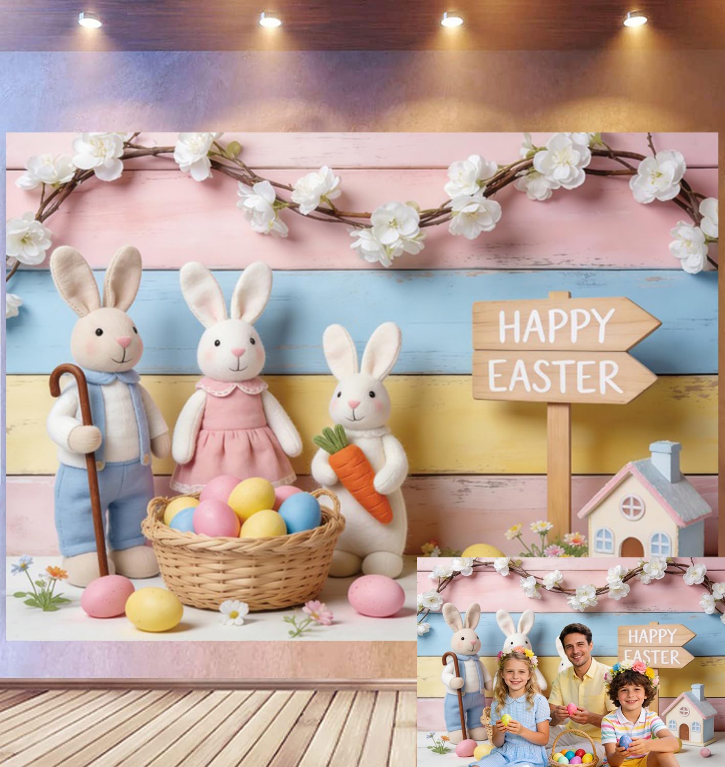 4,2 x 3 m pastelowy wielkanocny zając tło pluszowy zajączek rodzinny kosz na jajka, dekoracja Happy Easter, mini rekwizyty do domu, na wiosnę, Wielkanoc, temat, studio fotograficzne