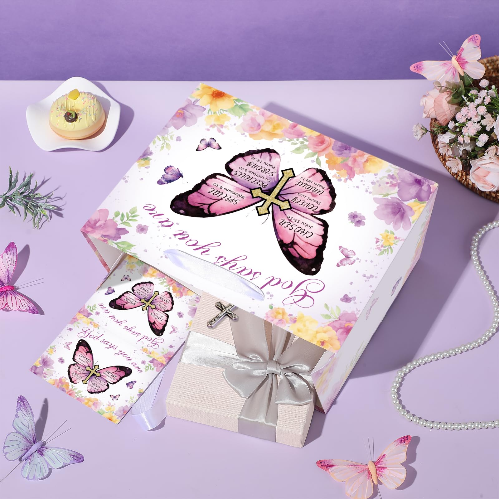 Butterfly Christian Baptism Gift Bag for Girls Women Purple Floral Religious Communion Gift Bags Wrapping Paper Card Flower Butterfly Cross Christening Confirmation Favor Bag Bible Verse Birthday Baby Shower Party Supplies Decor