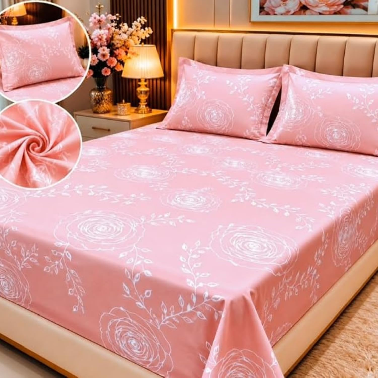 Glace Cotton Bedsheet Double Bed King Size Pink | 2 Pillow Covers, 400 TC, Soft & Wrinkle-Resistant, 140 GSM, 90 x 100 Inches-image-19