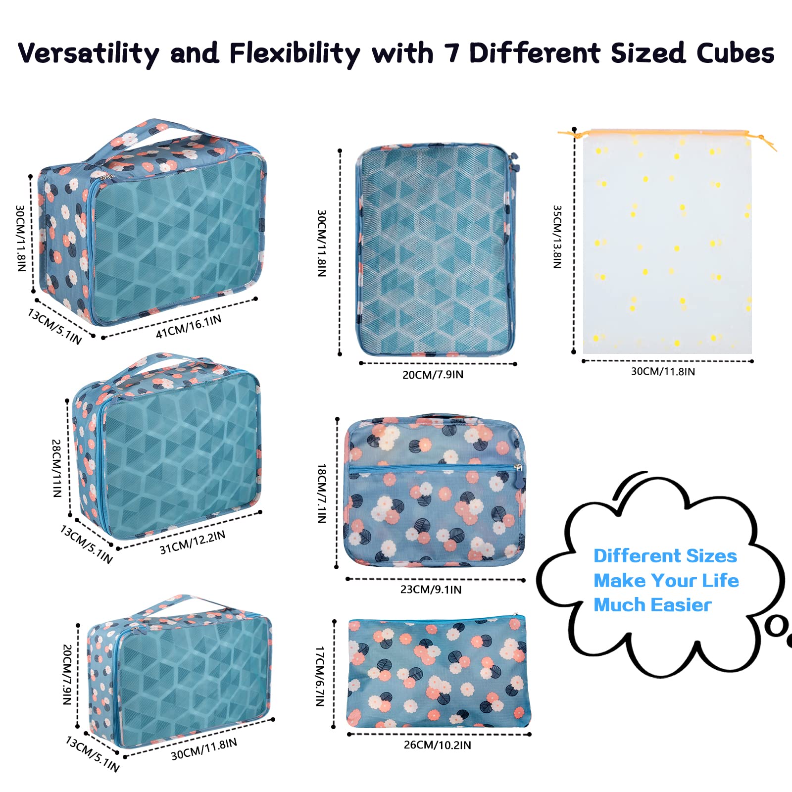 Sciphylia Organizer Valigie Organizer Valigia Set di 10 Borse Organizer da Viaggio Impermeabili Cubi di Imballaggio Viaggio Accessori Utili per Vestiti Cosmetici Scarpe Biancheria Intima Fiore Blu