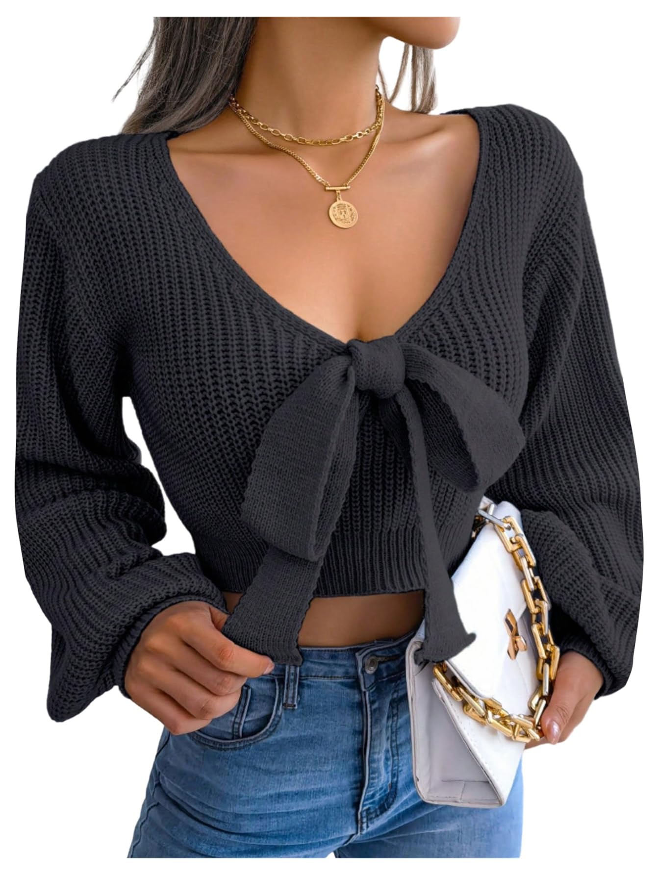 MakeMeChic Womens Christmas Sweater Bow Tie Deep V Neck Lantern Sleeve Crop Pullover Knit Tops