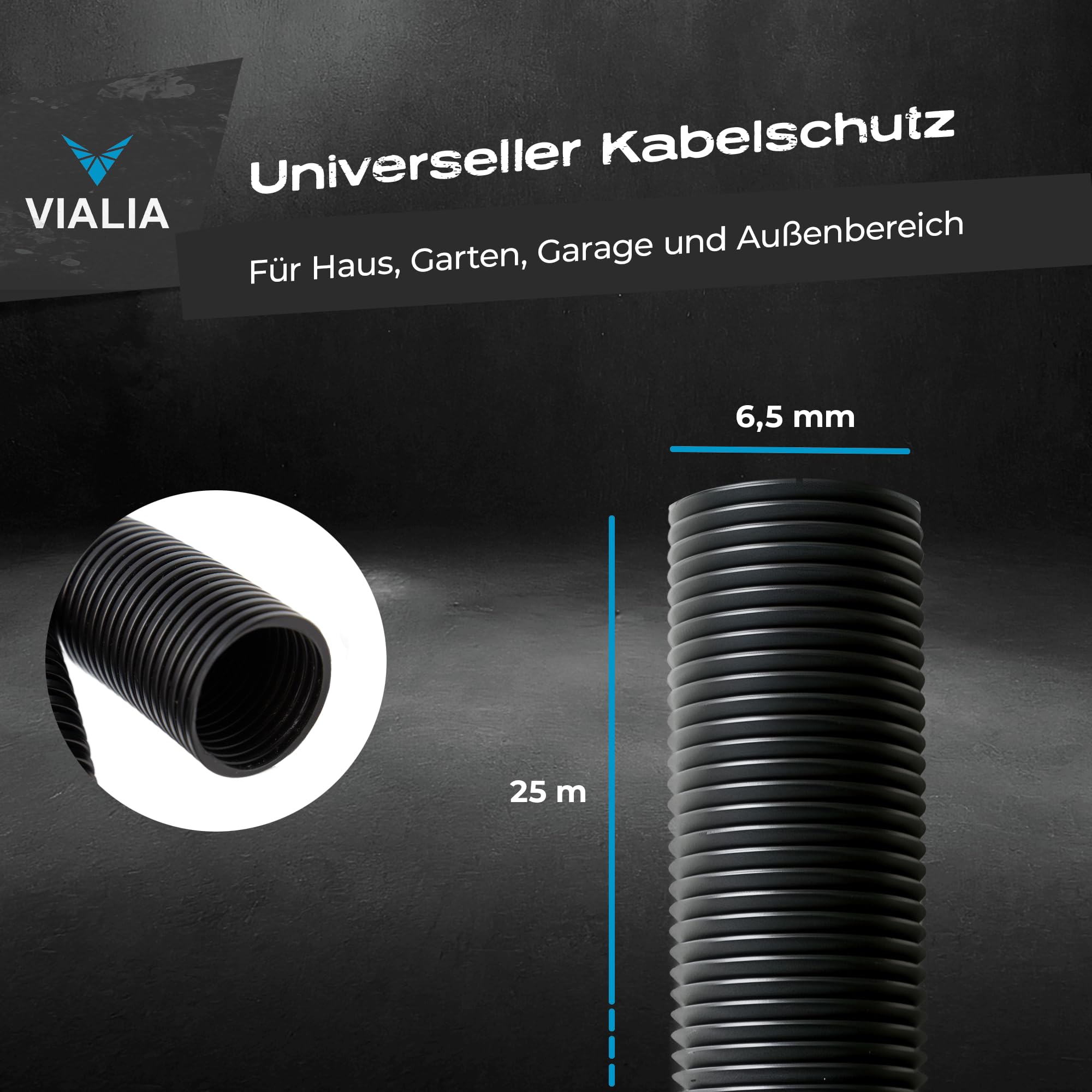 Kabelschutzschlauch ungeschlitzt 25m x 6,6mm, Flexibles und UV-beständiges Wellrohr aus Polypropylen, stabil und biegfest, Temperaturbereich -40°C bis 130°C, schwarz