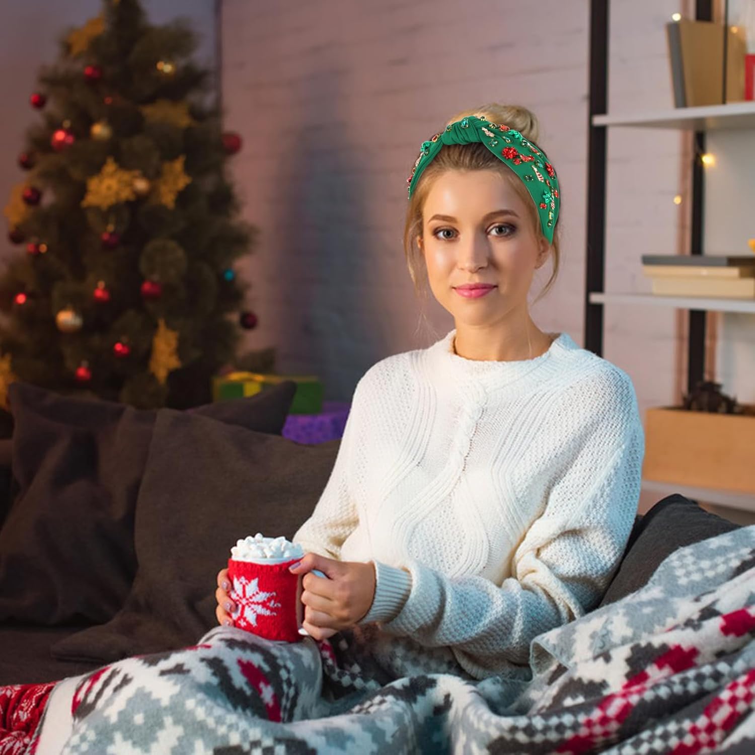 Jaciya Green Christmas Bow Headband Rhinestone Knotted Headband for Women Girls Festive Headpiece Xmas Head Bands - Image 7