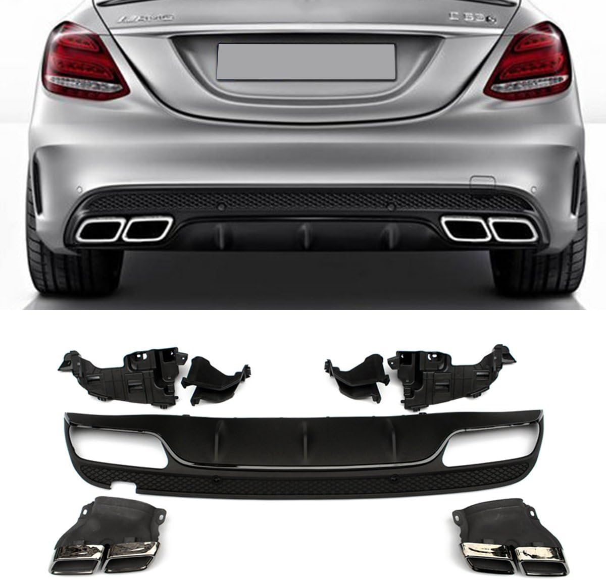 Fandixin W205 Diffuser, ABS Rear Bumper Lip Diffuser with Exhaust Tips for Mercedes Benz C Class W205 4-Door Sedan Sport Edition C43 AMG C450 AMG 4-Door Sedan 2014-2018 Prefacelift