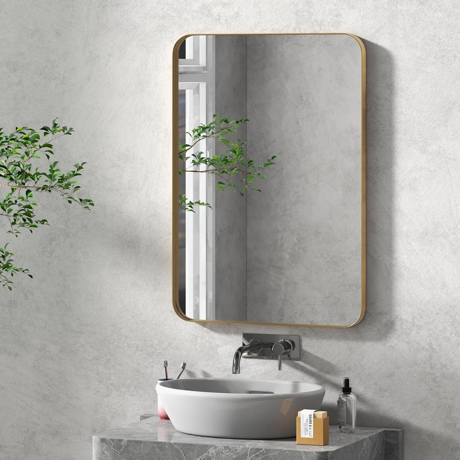 Amazon.com: Tangkula Metal Framed Bathroom Mirror for Wall, 20 x 32 Inch Rounded Rectangle ...