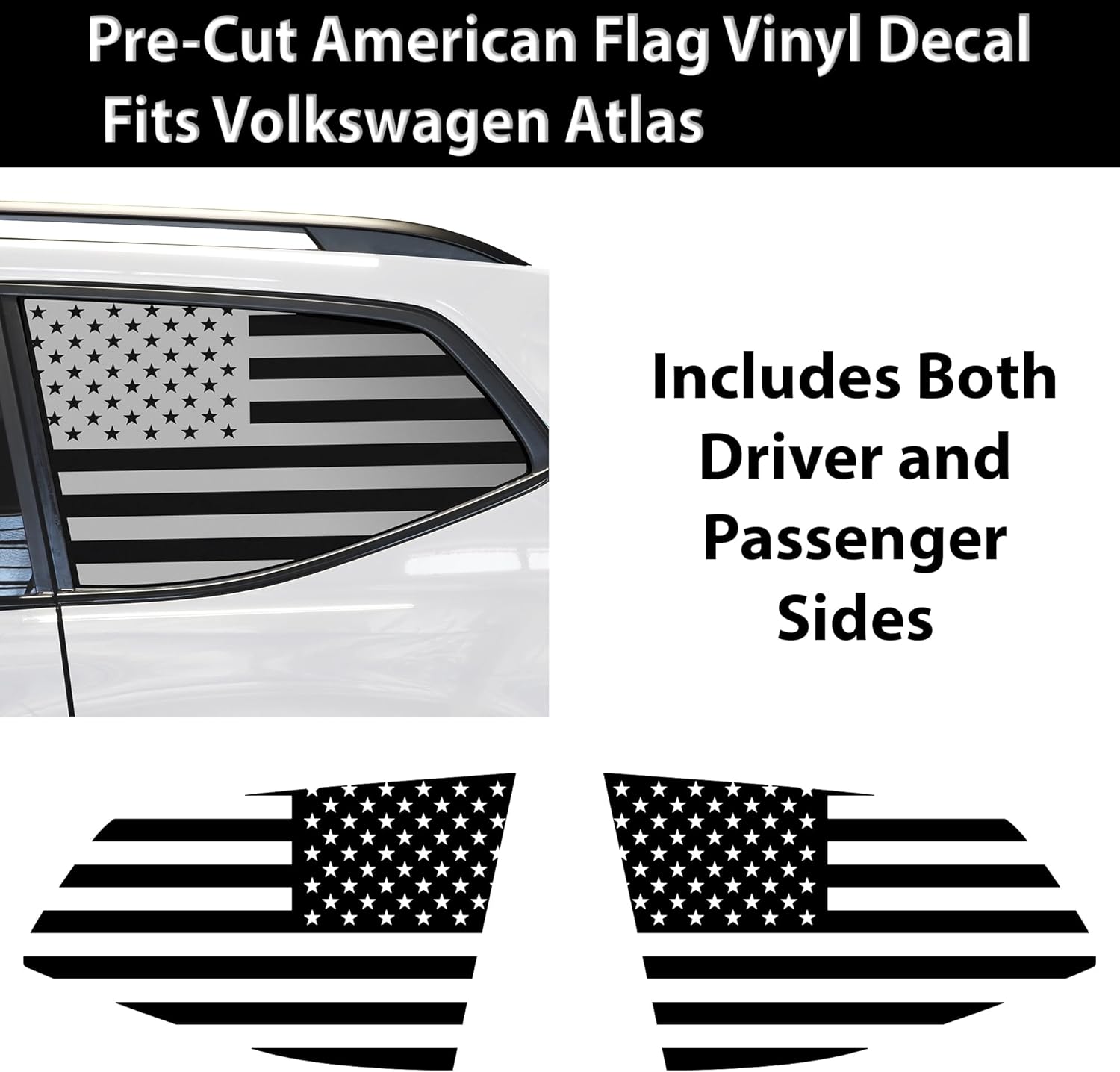 BOGAR TECH DESIGNS Precut Quarter Window American Flag Vinyl Decal Sticker Compatible with Volkswagen Atlas 2018-2025, Matte Black