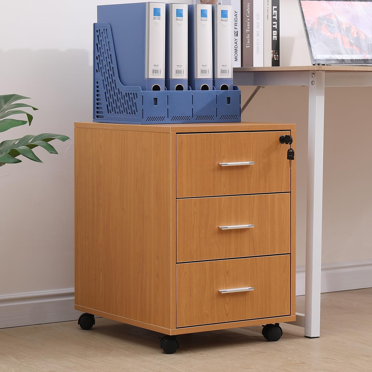 BonChoice 3 Drawers Mobile File Cabinets Pedestal Office Filing Cabinet with Rolling Casters, Wood Under Desk Storage Cabinet for A4 Paper (Walnut Lockable)