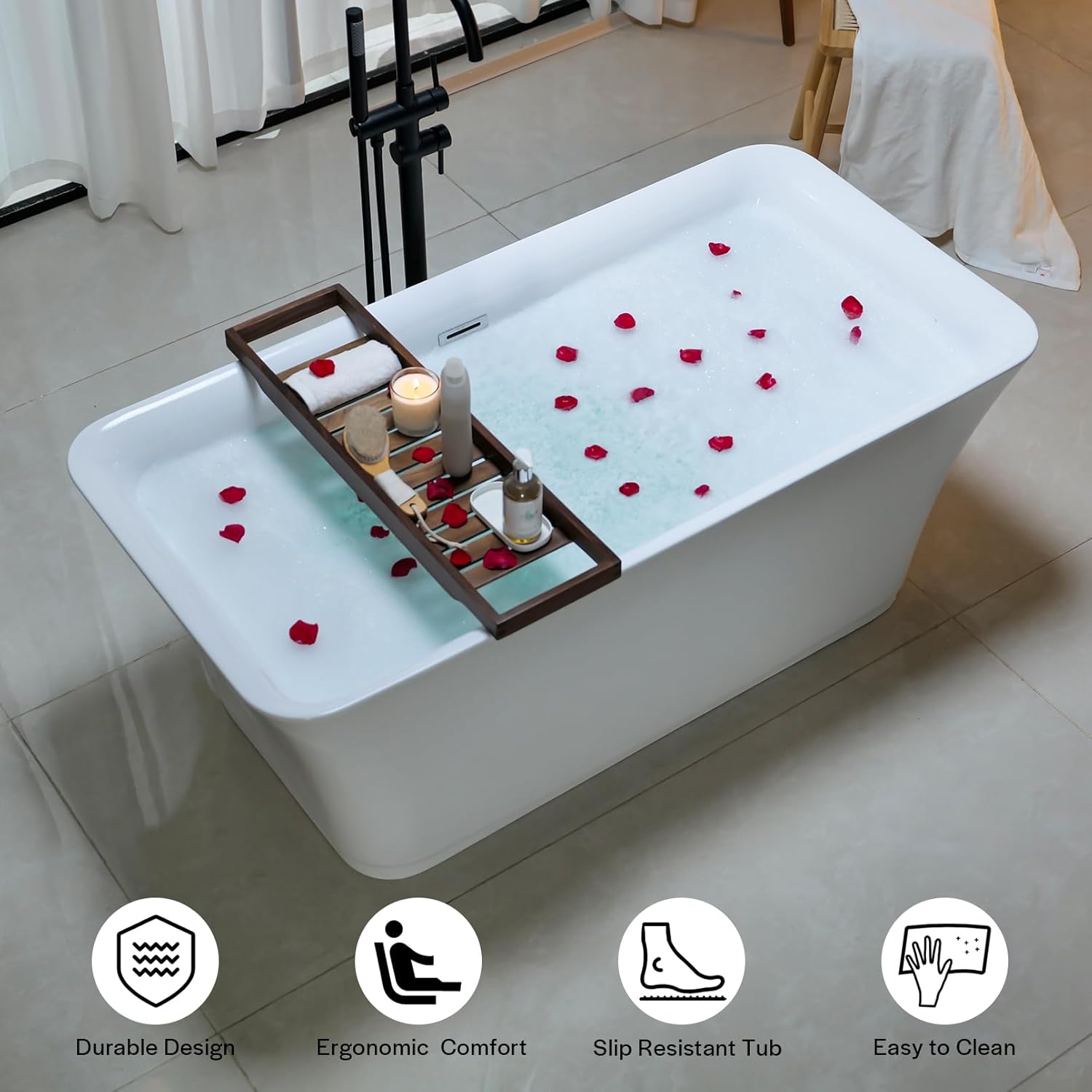 Empava 59" Freestanding Luxury Acrylic Soaking SPA Tub Modern Stand Alone Bathtubs Model 59FT1511, White