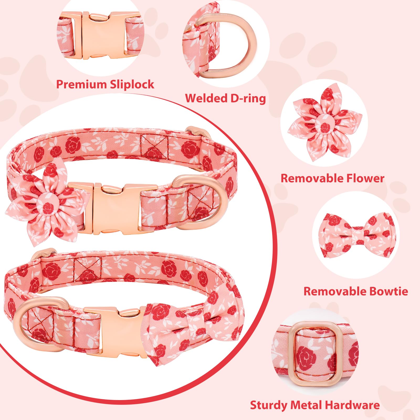 Dote on Dog Collar and Lead Set including Bow Tie, Girl Dog Collar with Detachable Flower with Strong Gold Buckle - Image 3