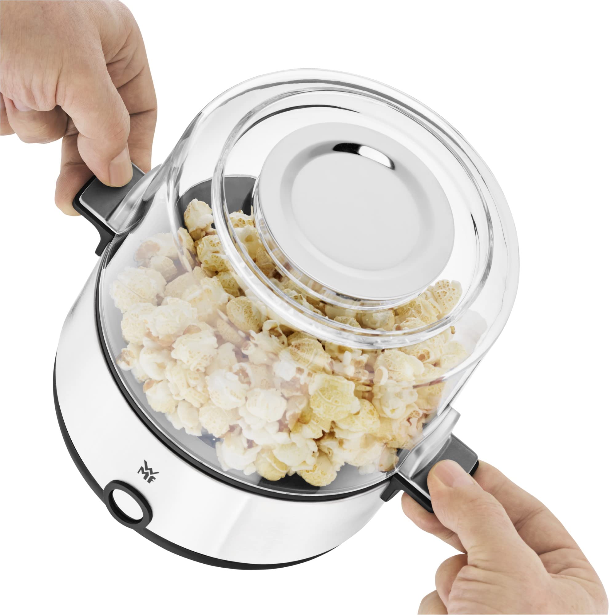 WMF KITCHENminis - Macchina per popcorn, piastra riscaldante rivestita, coperchio per servire, apertura per sciogliere il burro, preparazione con zucchero e sale, salvaspazio, in acciaio inox opaco