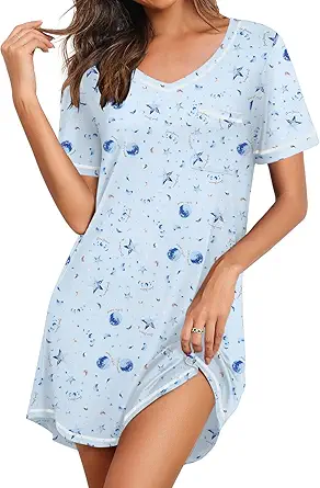 Nightgowns for Women Short Sleeve Sleep Shirts V Neck Nightshirts Soft Sleepshirt Caual T Shirt Sleepdress