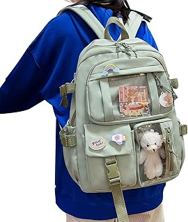 Mochila Kawaii com pino fofo pingente pelúcia urso, mochila fofa para mochila estética escolar, mochila fofa grancapacidapara meninas adolescentes, ver/preto/rosa/branco-cremoso