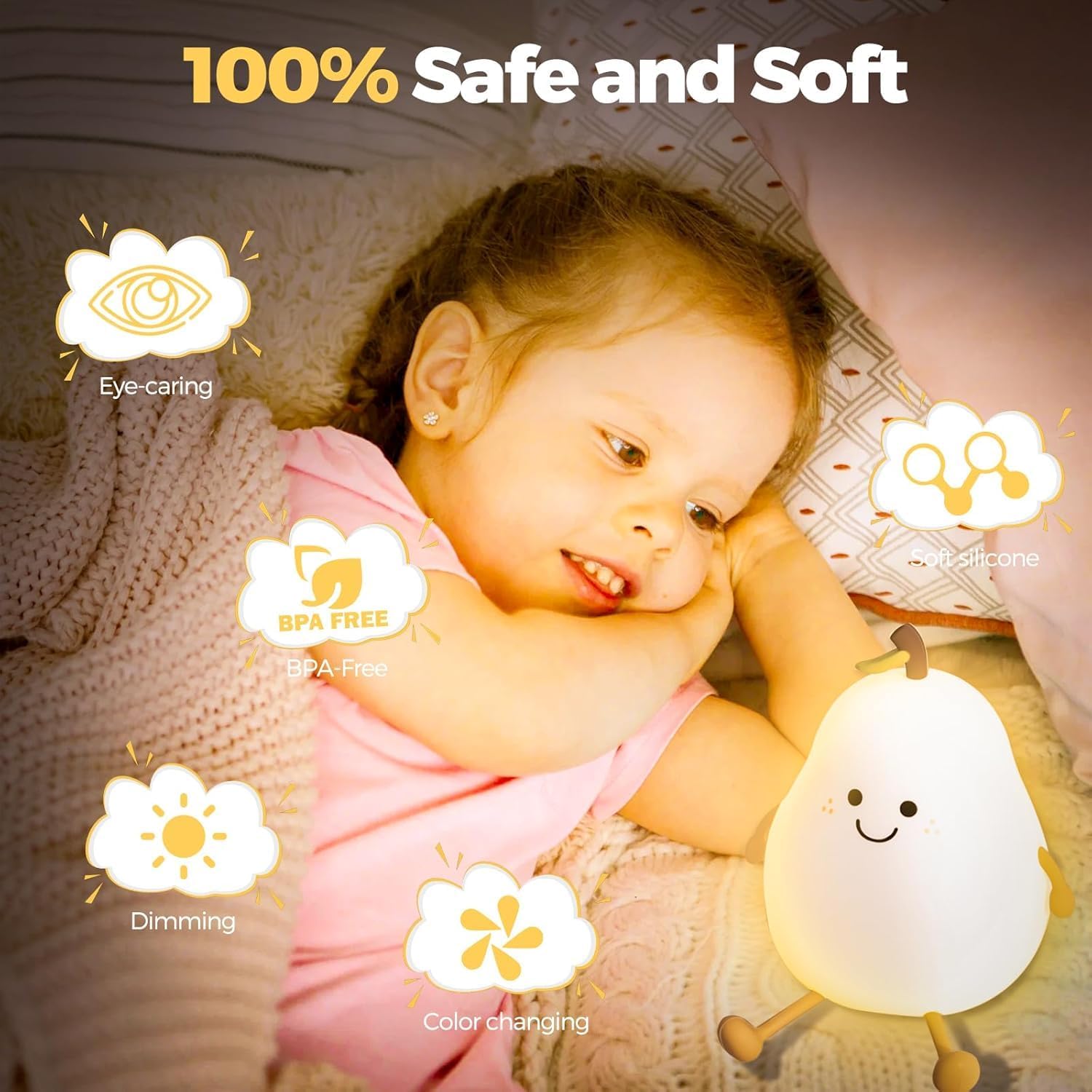 Night Lamp for Kids, Cute Silicone Pear Night Light USB Rechargeable Touch Control 7 Colors Night Lamp with Timer, Squishy Night Light for Bedroom, Home Decor Gift Items for Women (Pear Lamp)