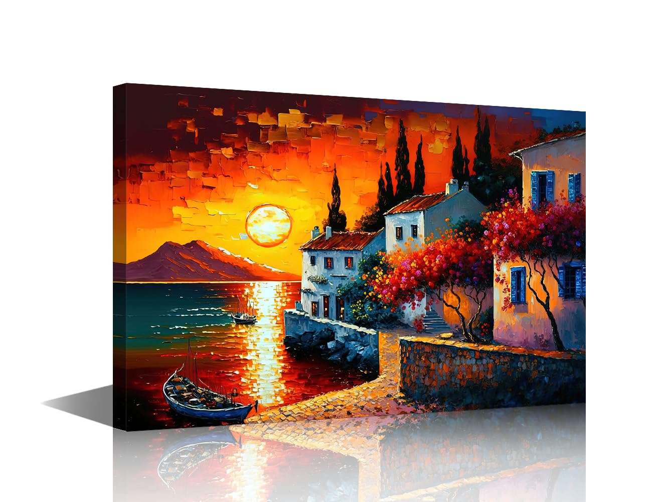 TISHIRON Greece Seaside Cityscape Wallpaper Wall Art Ocean View in Evening Time Oil Painting for Living Room Bedroom Canvas Home Decor House Decorations Framed Ready to Hang 16"x24"
