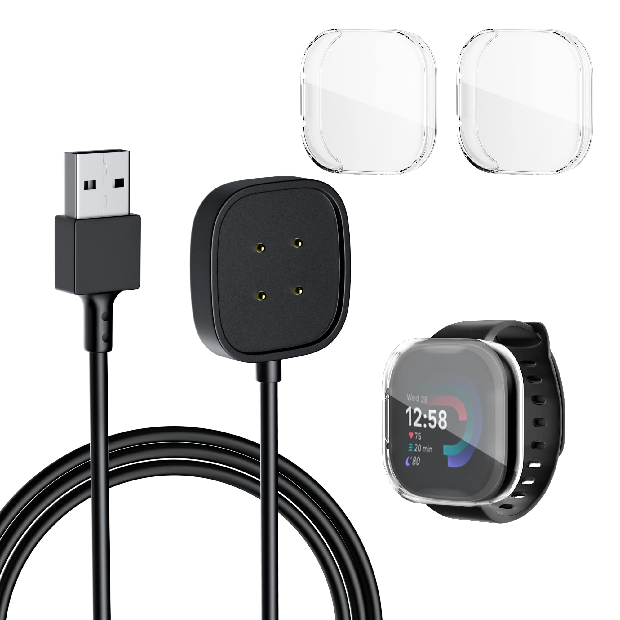 GLDRAM Charging Cable Accessories Kit for Fitbit Sense 2 and Versa 4, 3.3ft Magnetic Adsorption Fast Cable, USB Port, 2 Screen All-Around TPU Protective Cover Case Only for Fitbit Sense 2 and Versa 4