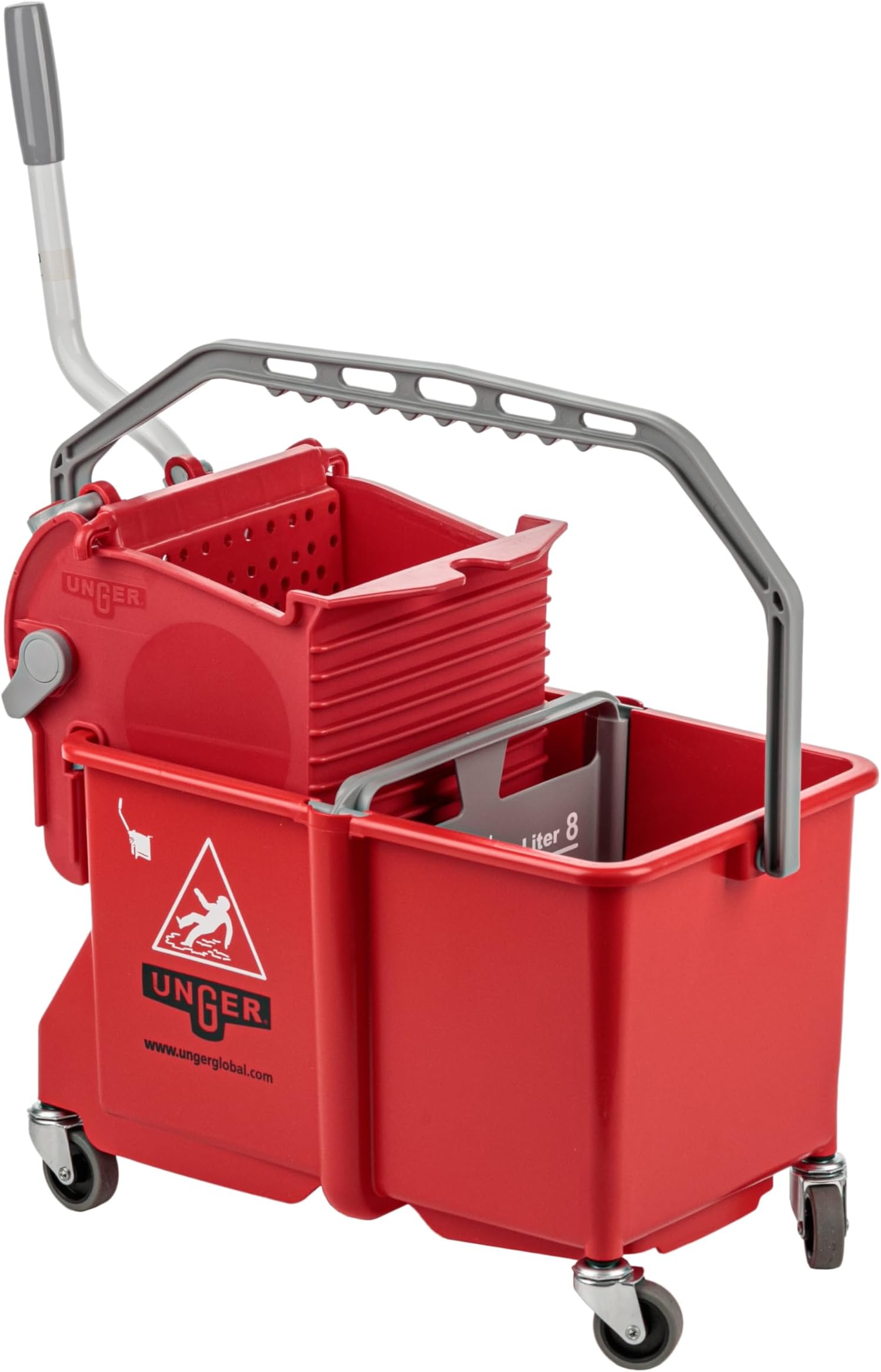 Unger Commercial - SmartColor Dual-Compartment Restroom Mop Bucket with Side-Press Wringer, 16 qt, Red - Restroom Cleaning - COMSR