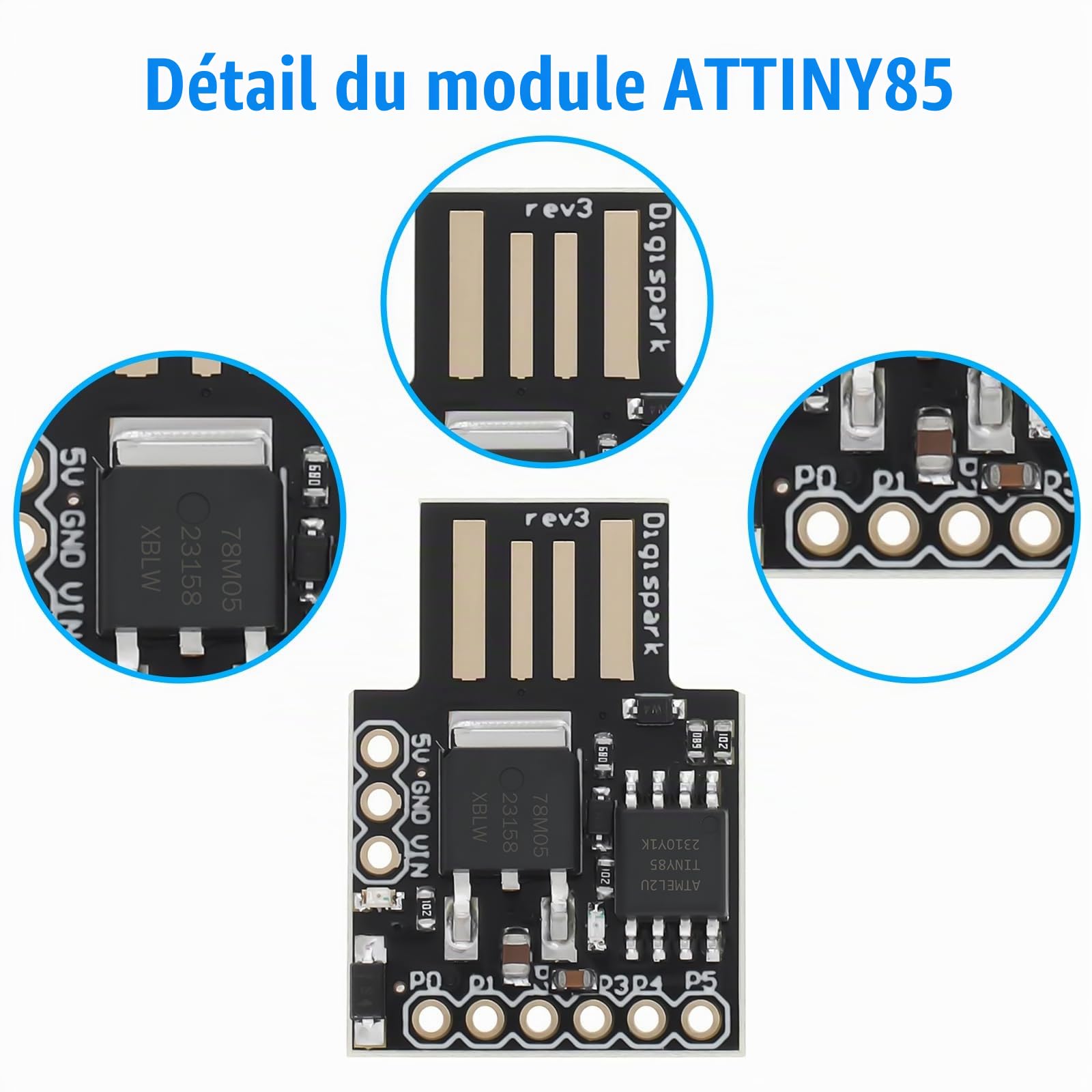 ATTINY85 Digispark Carte de développement Binghe 5 pièces Attiny85 Digispark kickstarter avec 32u4 Chip ATTINY85 Micro USB Carte de développement Support pour ESP Compatible avec Arduino