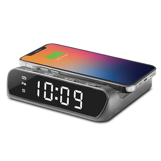 iHome Wireless Charger with Alarm Clock, Compact Digital Alarm Clock for Bedroom, Home Office, or