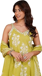 Amayra Women's Pure Cotton Sleeveless Straight Kurta Set with Palazzo Pants & Dupatta|Ethnic wear|Kurta Set for Women Price In India