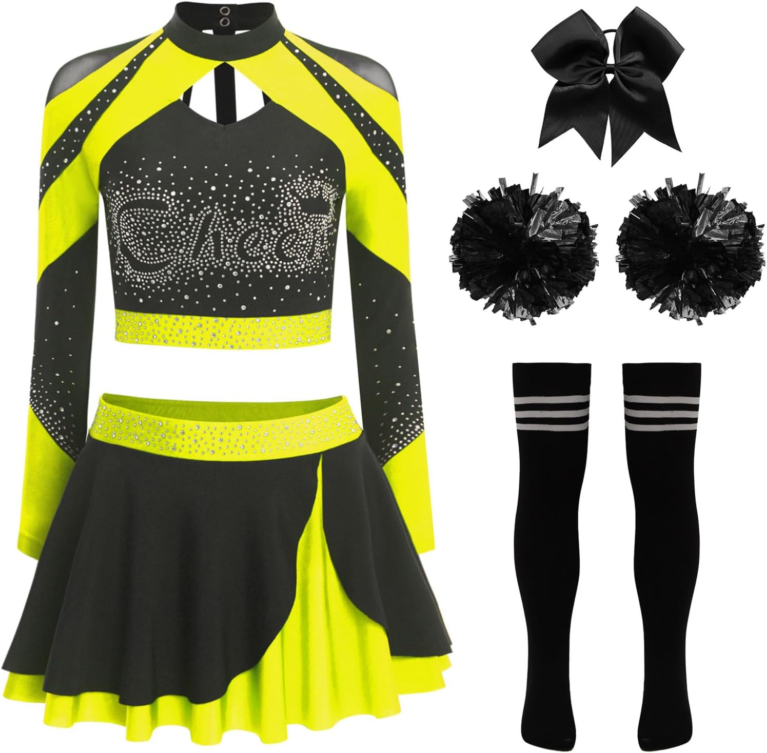 XUNZOO Cheer Leader Outfit for Women Sexy Team Sports Dance Uniform with Skirt & Top, Pom Poms 5pcs Set