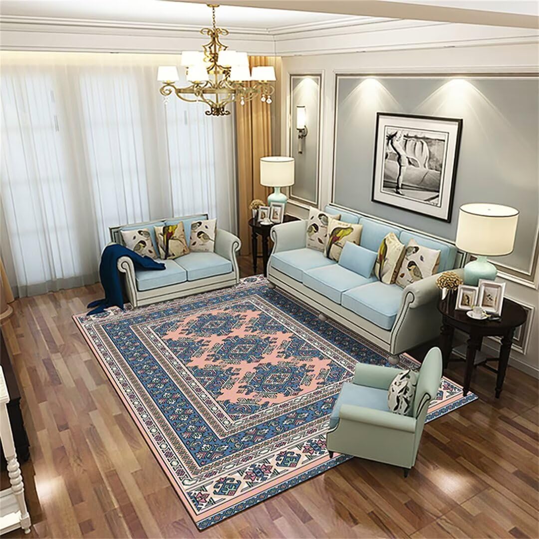 Alfombra pequeña retro de 130x190cm lavable con estampado floral DJHWWD BLU para salón y dormitorio