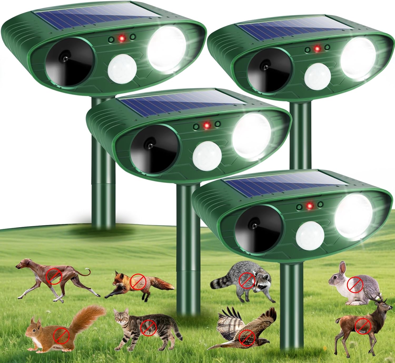 4 pack 2025 solar ultrasonic animal repeller outdoor sonic fortress pro deer repellent animal repellent motion detection flash light for cat racoon squirrel dog rodent rabbit deterrent for garden yard