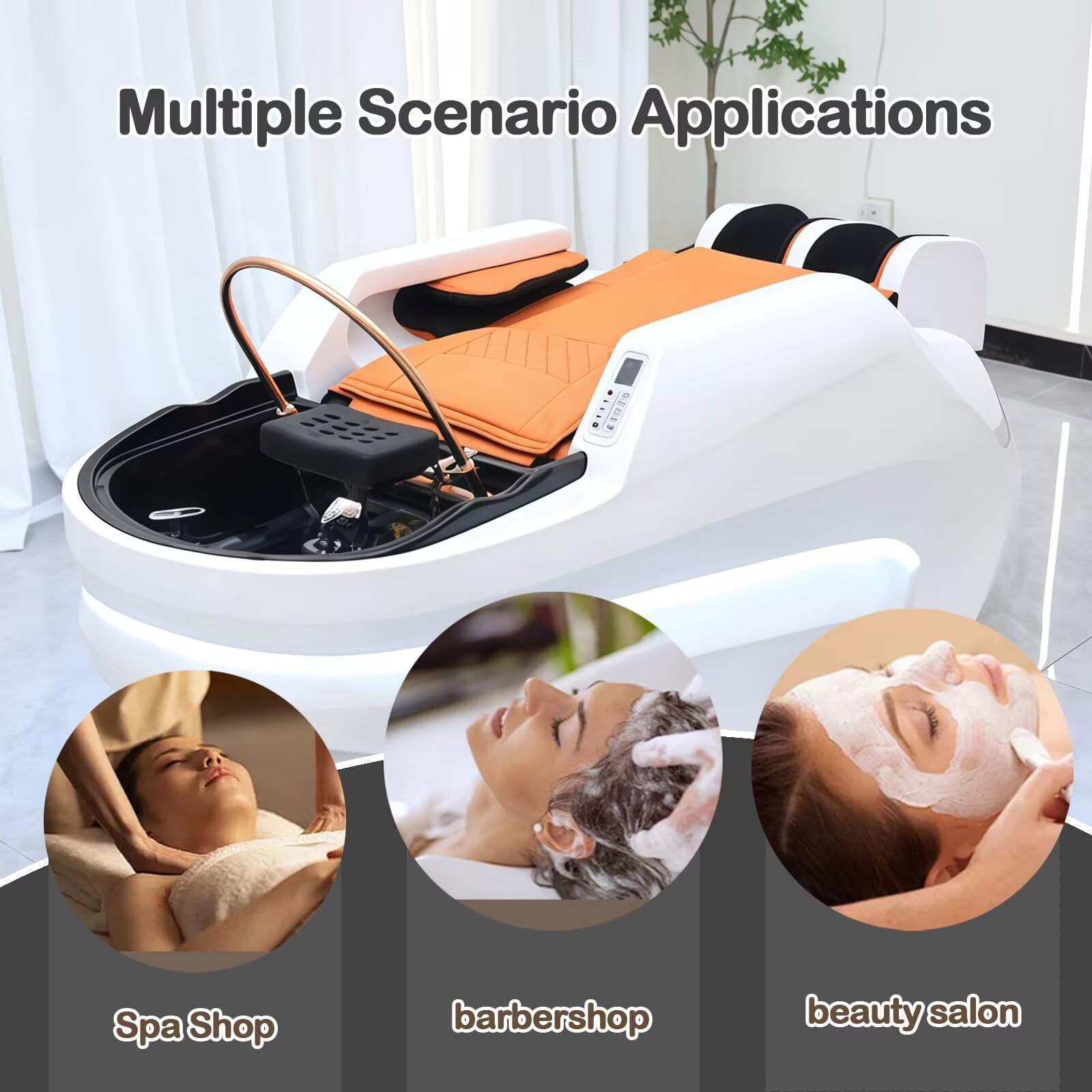 Professionelle Salon-Shampooliege mit multifunktionaler Massage, elegantem weiß-orangem Design, Wasserzirkulation, Beinauflage und Kosmetiktisch-Ausstattung (Weiß)