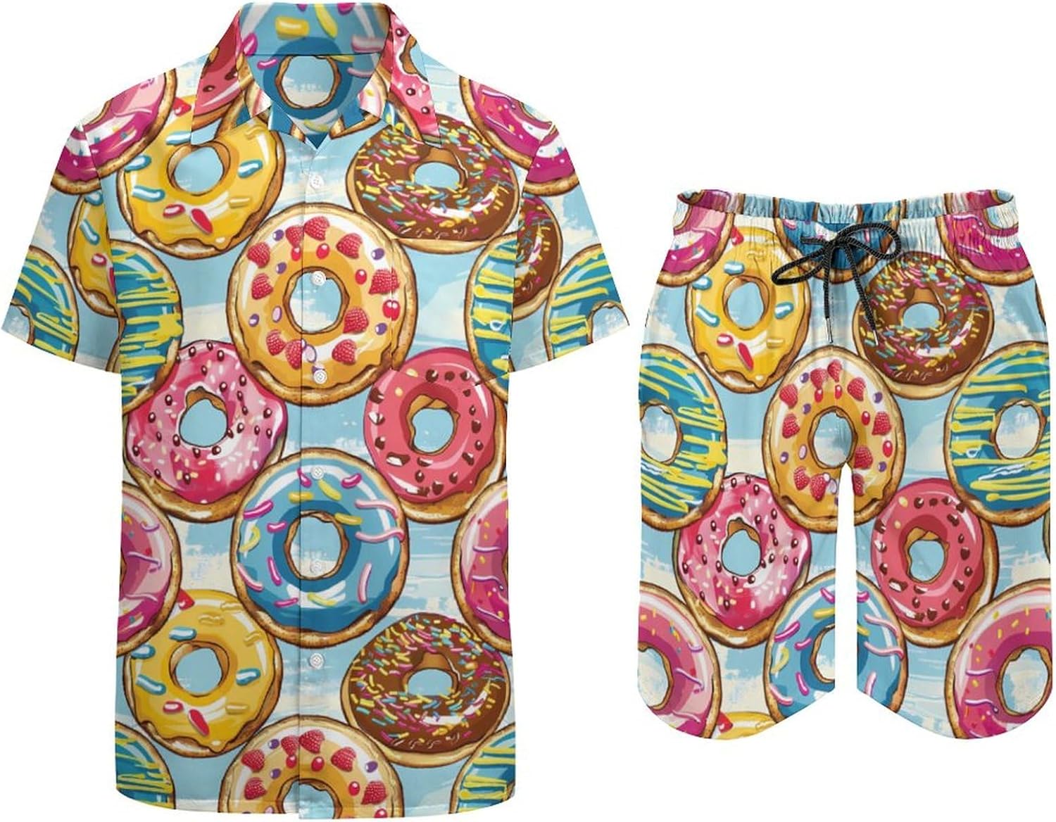 Colorful Doughnuts Men's Summer Beach Outfits Shirt And Shorts Set 2 Piece Vacation Swimwear