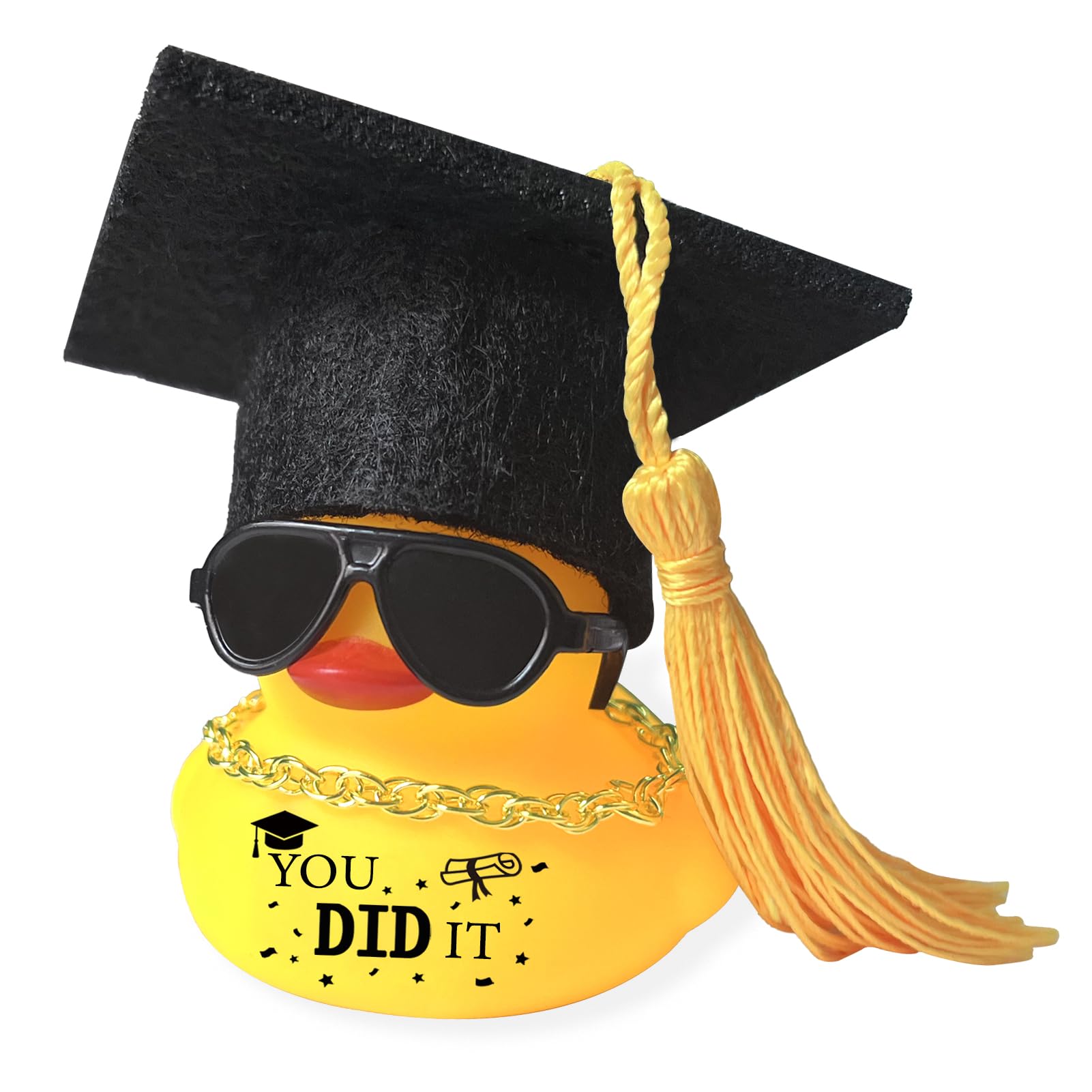 Photo 1 of Car Dashboard Decor Graduation Hat Rubber Duck, Car Accessories Ornaments with Mini Graduation Cap, Necklace, Sunglasses for Graduates Students Grad Gift (Yellow)