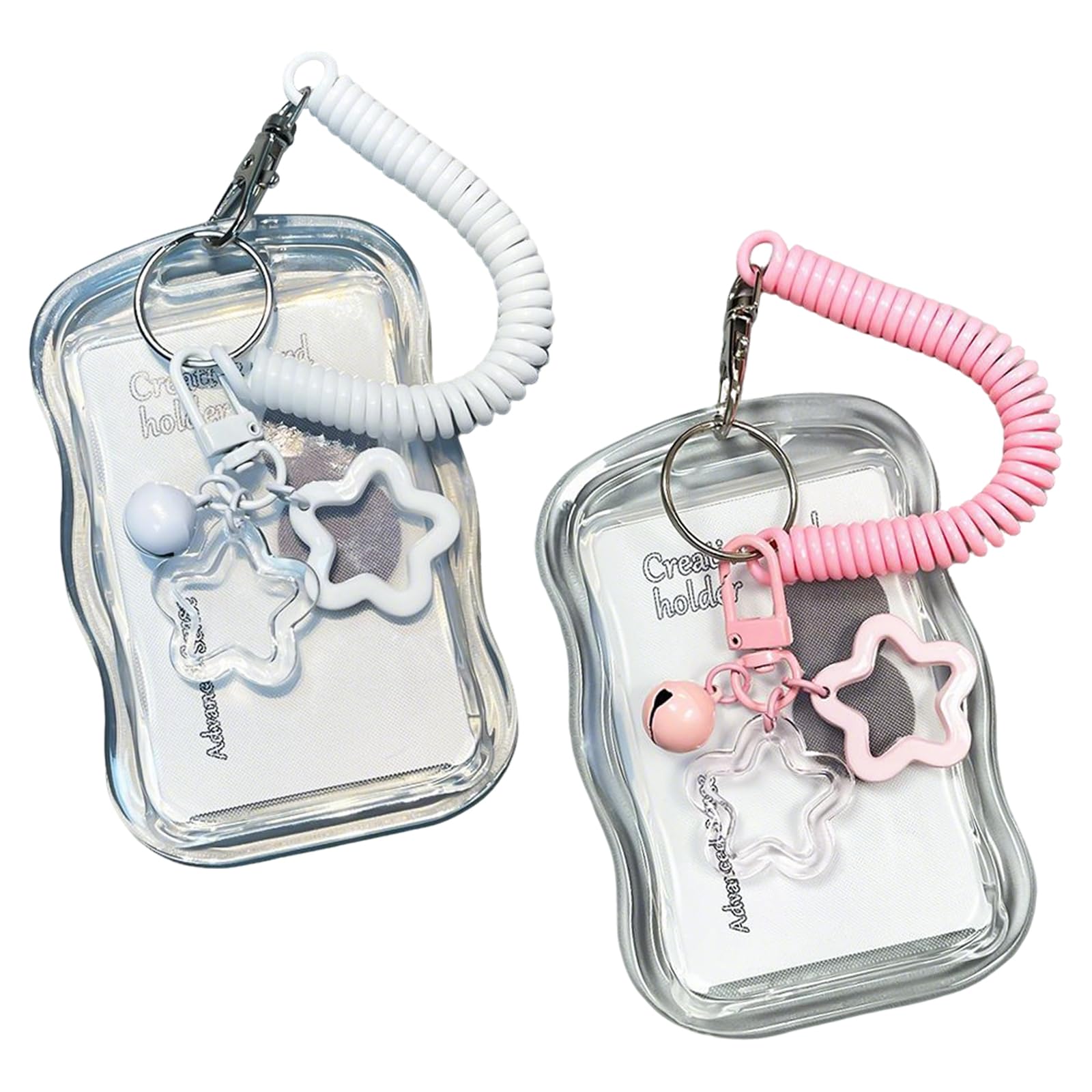 2 PCS Photocard Holder Keychain, Clear Silicone ID Card Holder with Retractable Spring Lanyard, Star and Bell Charm for Students, Staff and Teacher (White, Pink)