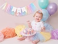 Vista 3 de Cartel para silla alta de arcoíris pastel, cartel de tul y cinta para silla de bebé de primer cumpleaños, decoraciones de arcoíris