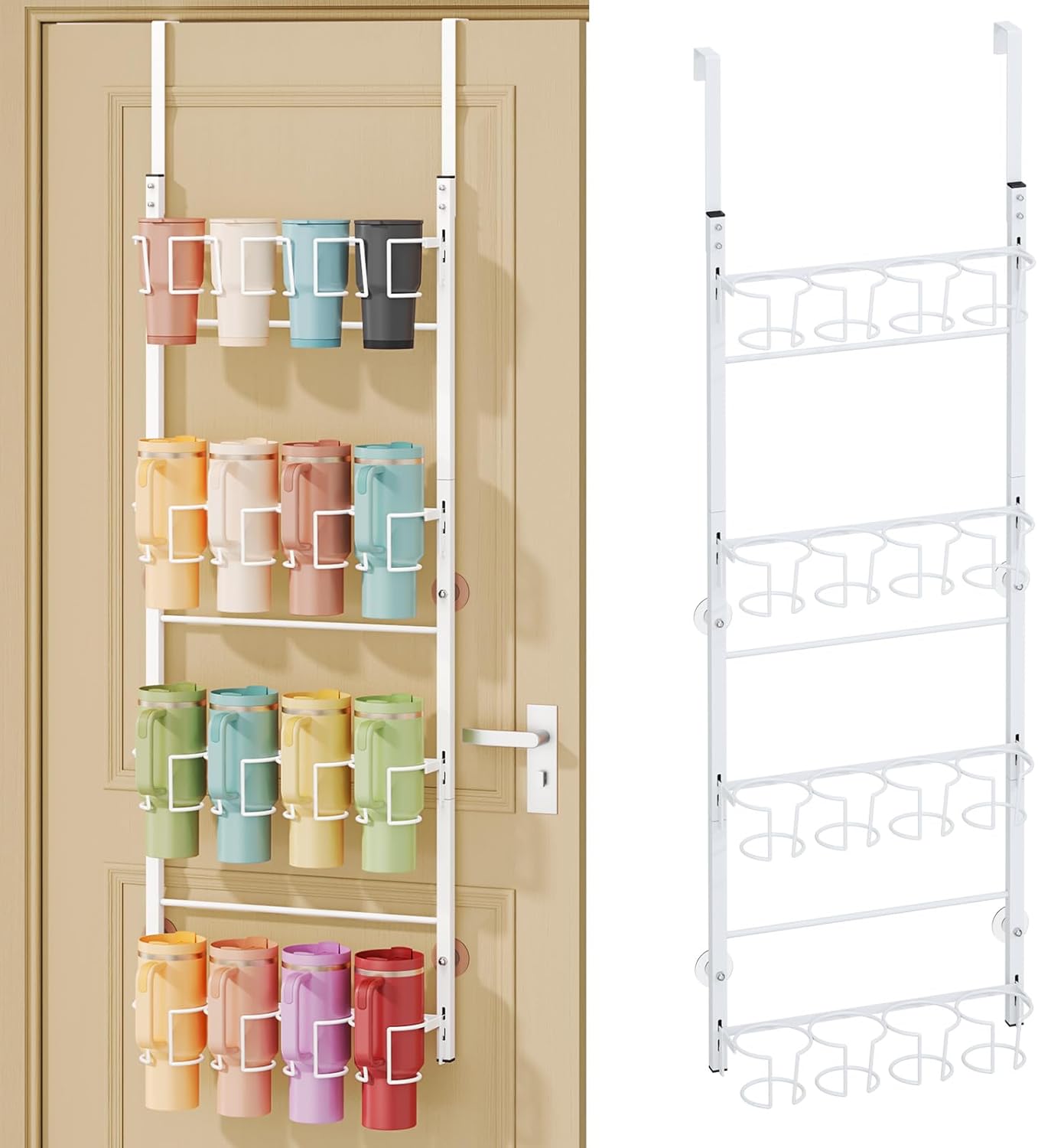 SWTYMIKI 4-Tier Water Bottle Organizer – Over the Door Stanley Cup Holder, Cup Organizer for Door or Wall Mount Option, Stanley Accessories for Pantry, Dorm, Office, RV Use, White