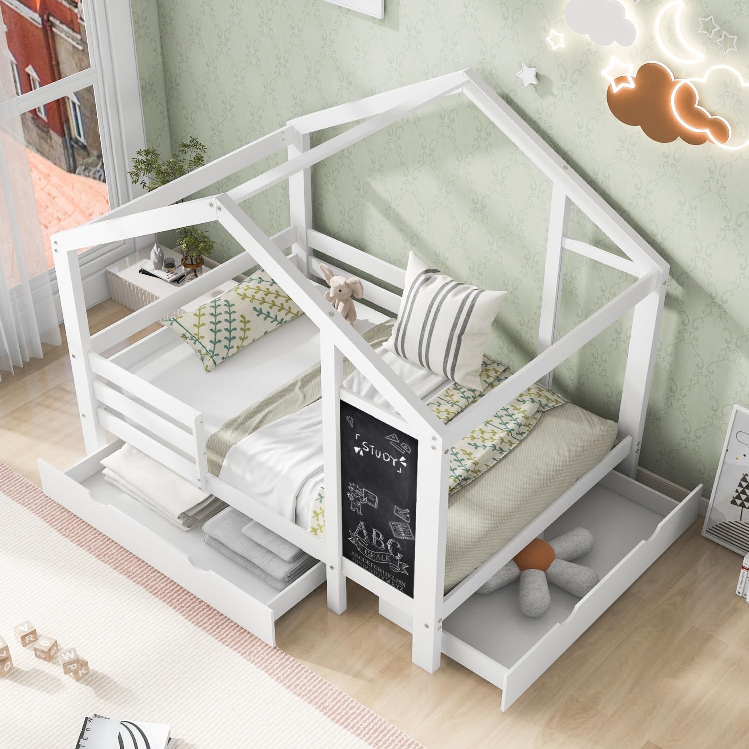 Twin House Bed with Blackboard and Drawers, Two Assembly Options, White White Combining Practicality and Creativity Child's Bedroom Family-Friendly