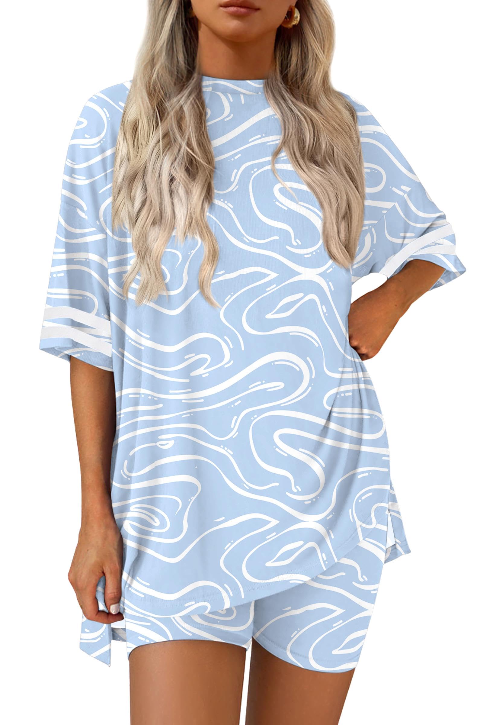 Ekouaer Womens Pajamas Casual 2 Piece Short Sleeve Biker Shorts Lounge Set