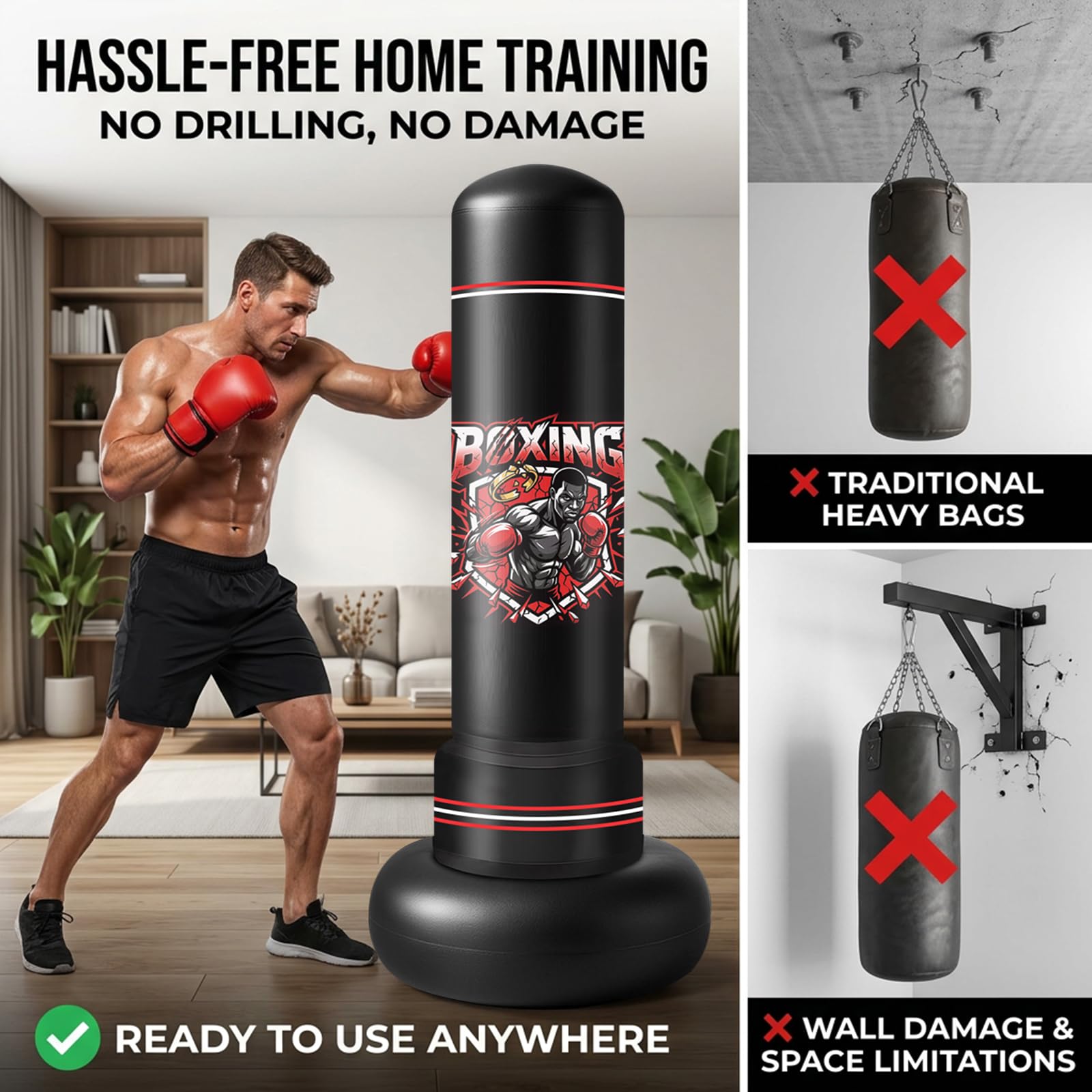 Saco de Boxeo de Pie 180cm para Adultos Saco Boxeo con Guantes Cinta & 2 Pelotas Ligeras Sacos de Boxeo para Karate Taekwondo MMA Equipo Fitness Regalo para Adultos