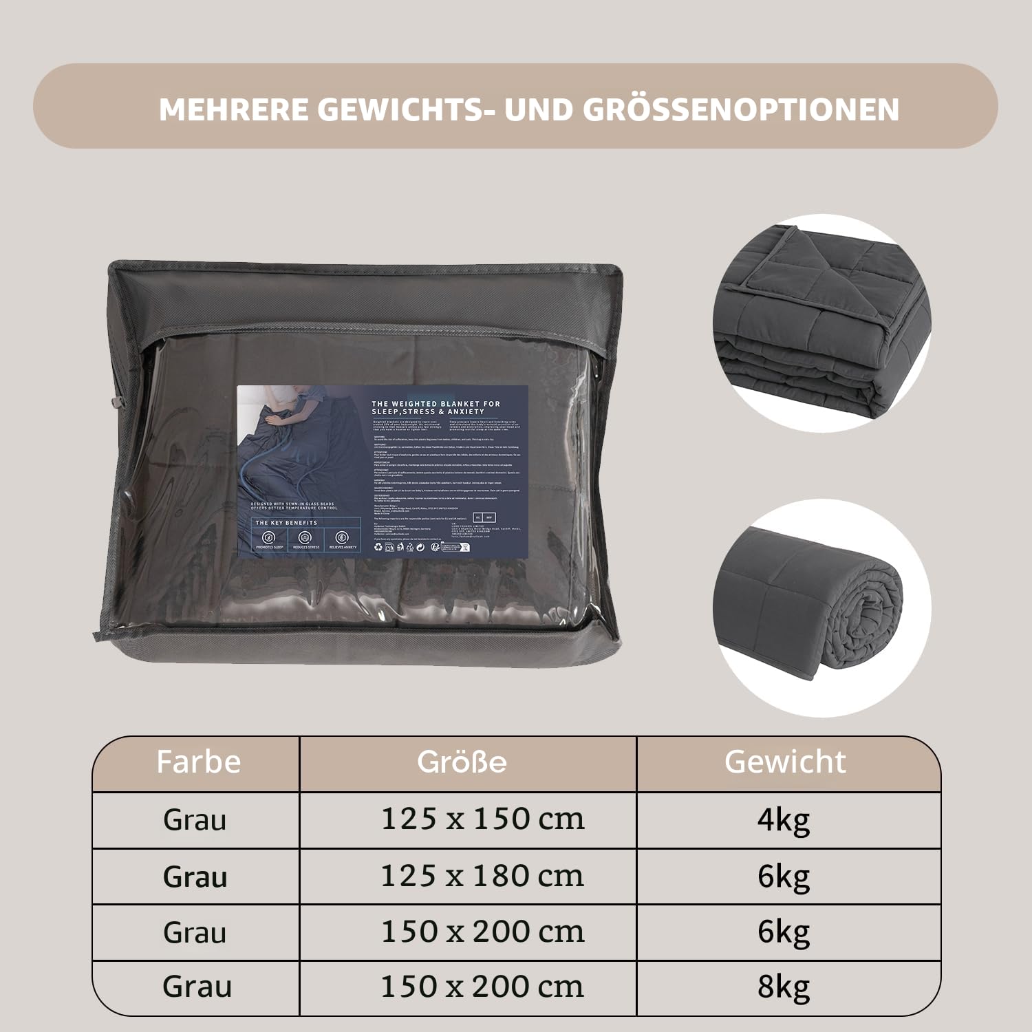 Good Nite Gewichtsdecke 8kg 150x200cm Schwere Decke Weighted Blanket Grau