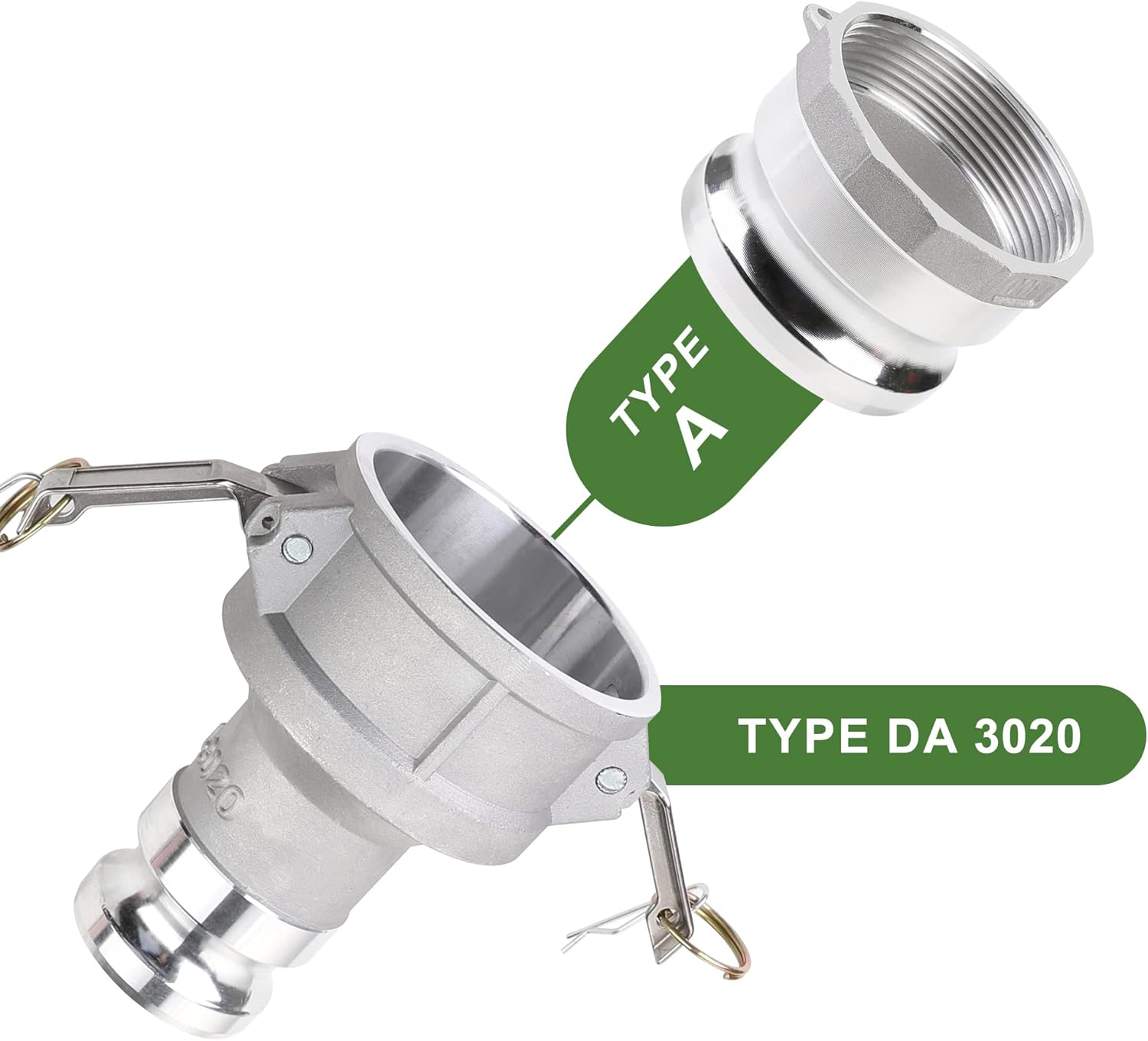 Camlock Fittings Type DA 3’’ Female Camlock × 2’’ Male Camlock Cam and Groove Hose Fittings, Aluminum Material, Reducer, 125PSI