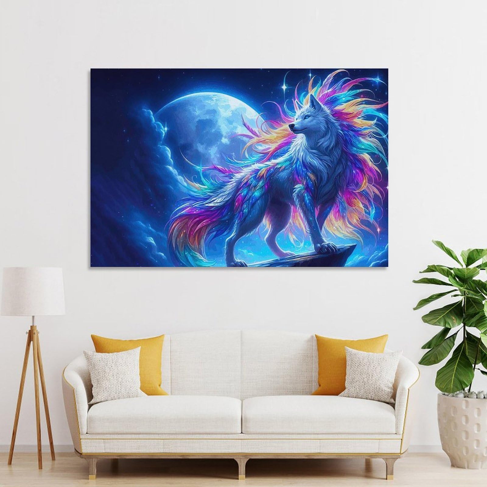 Junmoney Unframe-Style-23 Rainbow Wolf Under Moon Home Decor Wall Art 16X24inch(40X60cm), For Lounge, Study, Hallway Or Flat Walls, Stylish Home Artwork For Focal Walls