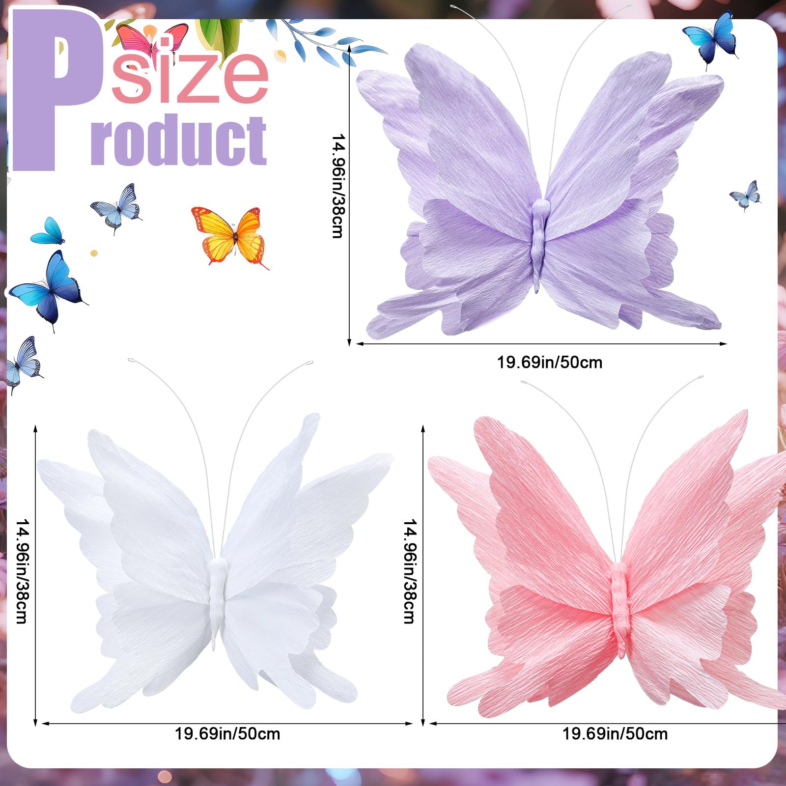3 grandi decorazioni per feste a forma di farfalla, viola, rosa, bianco