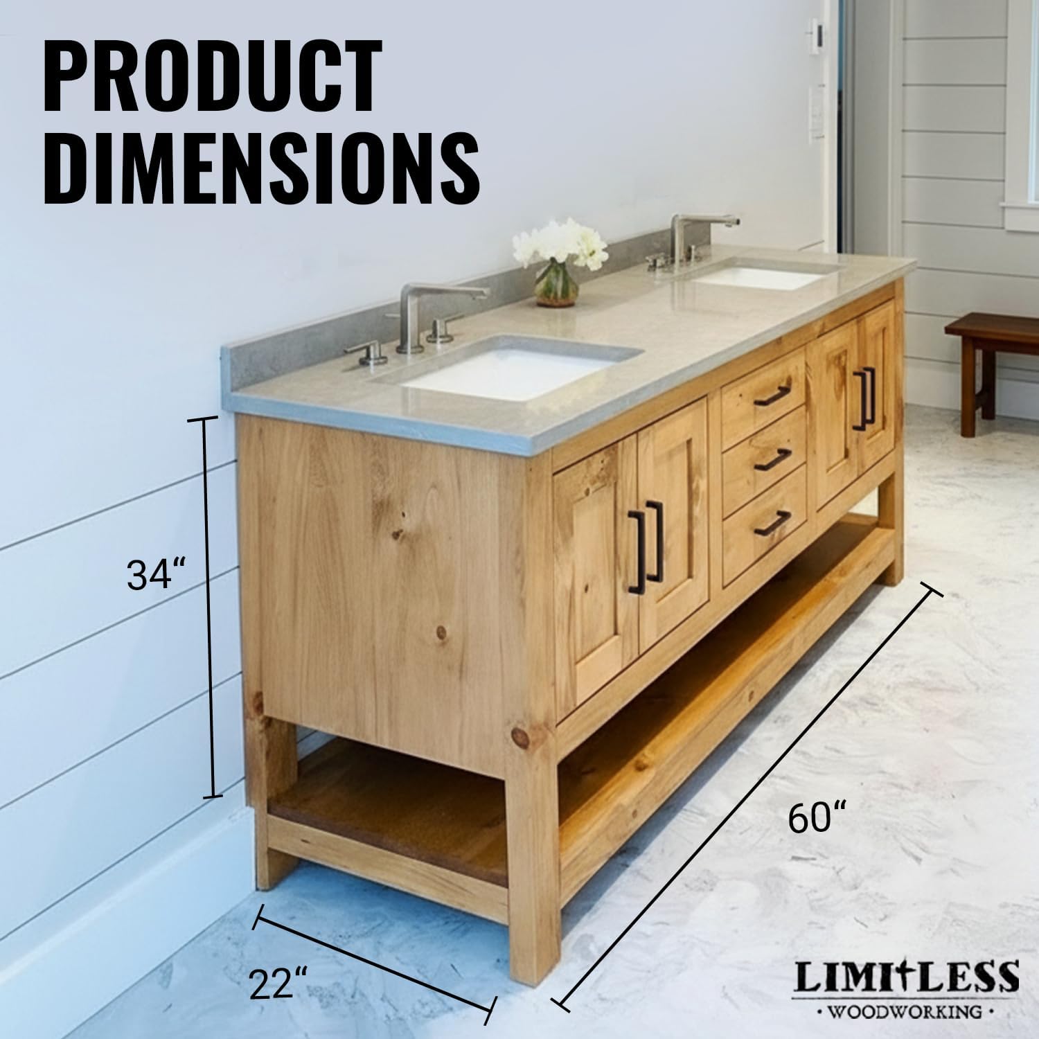Handmade Solid Wood Bathroom Vanity with Dual Sink | Rustic USA Made Vanity Cabinet | Makeup Vanity Desk | Soft-Close Drawers | Customized With Multiple Sizes & Colors