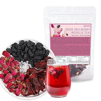 SIJIYUNLI-Rose Mulberry Roselle tea 100g/3.52oz Pure Plant|No Artificial Pigments|No Caffeine,Flower Fruit Tea Combination Set,Rich in Anthocyanins+Vitamin C. Includes 20 sachets