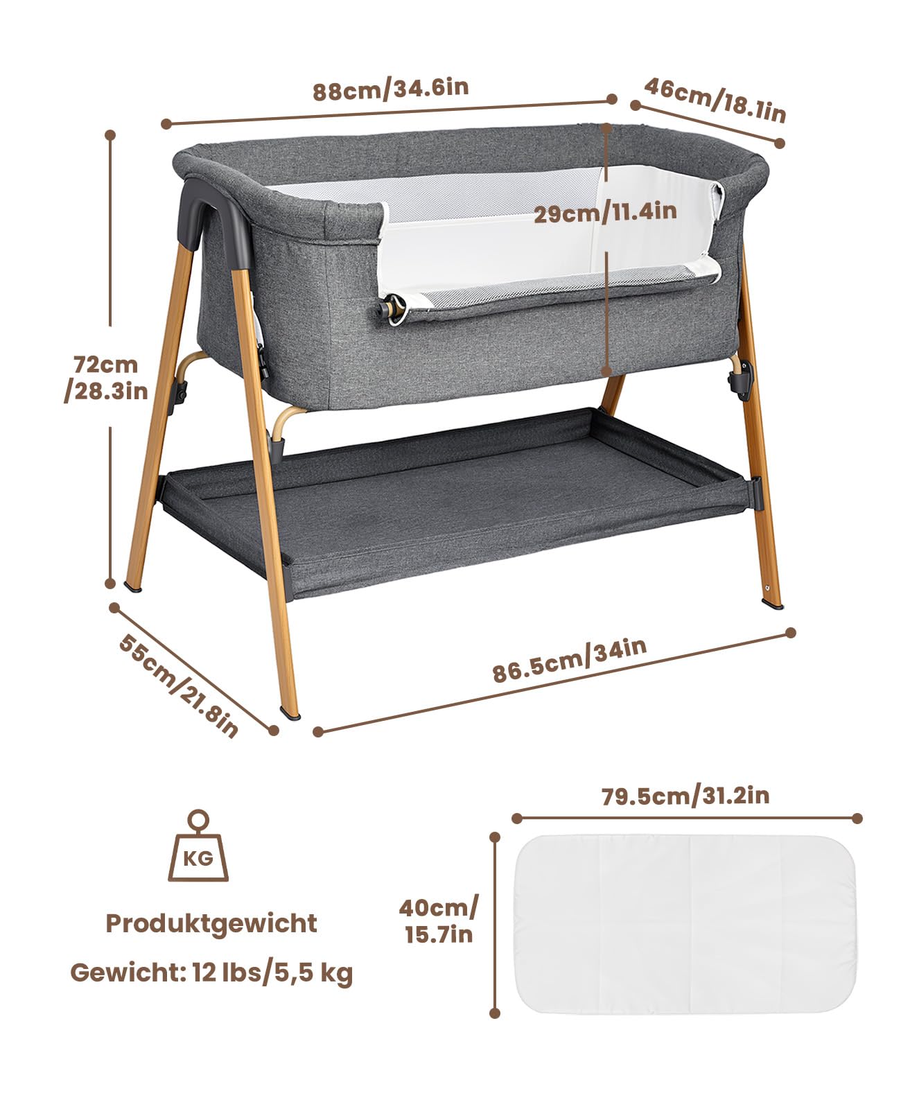 UBRAVOO Beistellbett Baby 2-in-1, Babybett & Baby Wiege für Neugeborene – mit Aufbewahrungskorb & Weicher Matratze (Grau)