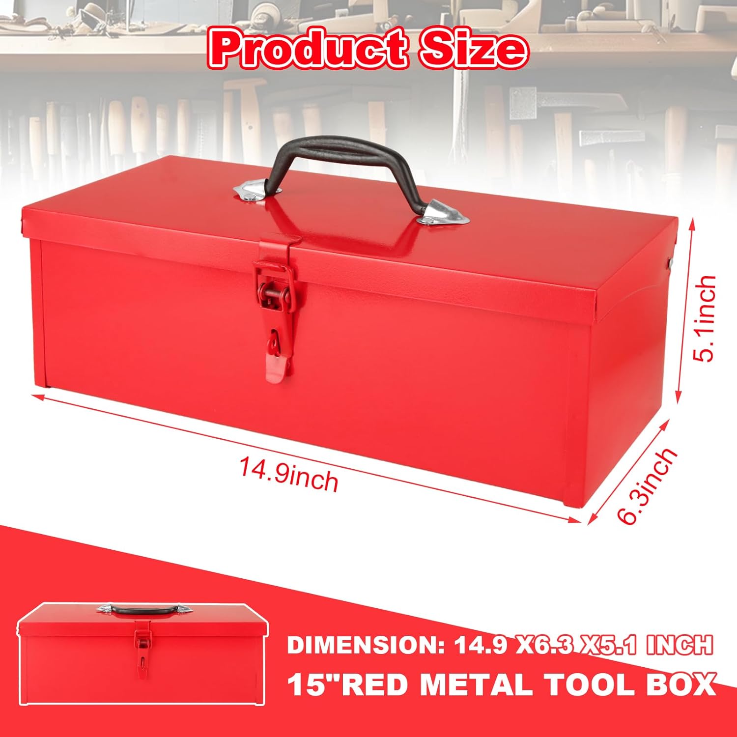 15 Inch Small Tool Box Red Tool Box Metal Tool Boxes with Metal Latch Closure & Handle 15x6x5 Inch Portable Tool Boxes Tool Storage Box