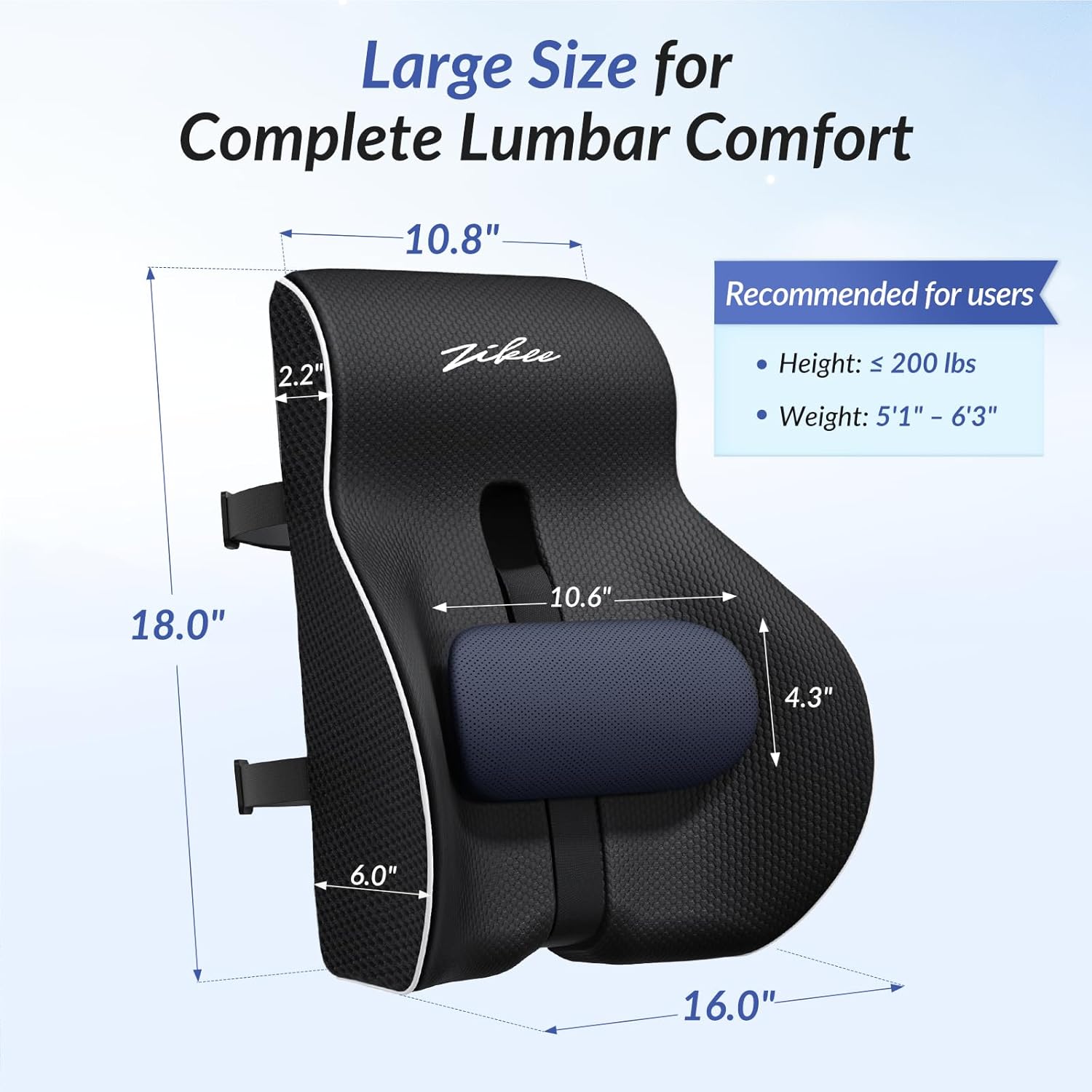 ZIKEE Adjustable Lumbar Support Pillow for Office Chair with Sliding Design for Precise Pain Relief & Support, Ergonomic Lumbar Pillow Improves Posture, Back Support Pillow for Office, Car, Home
