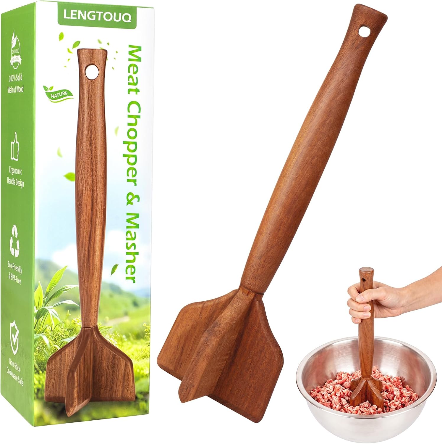 Wooden Meat Masher Chopper Ground Beef Potato Hamburger Teak Kitchen Appliances Utensils Essentials Set Tenderizer Gadgets Chicken Shredder Grinder Food Cooking Helper Tool